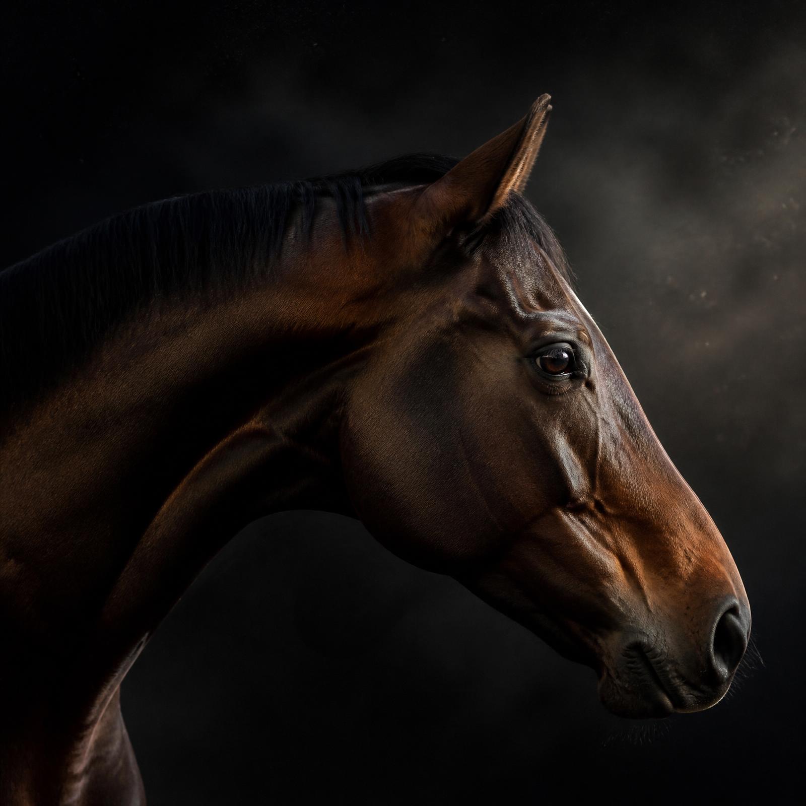Thoroughbred racehorse in profile, dawn light
